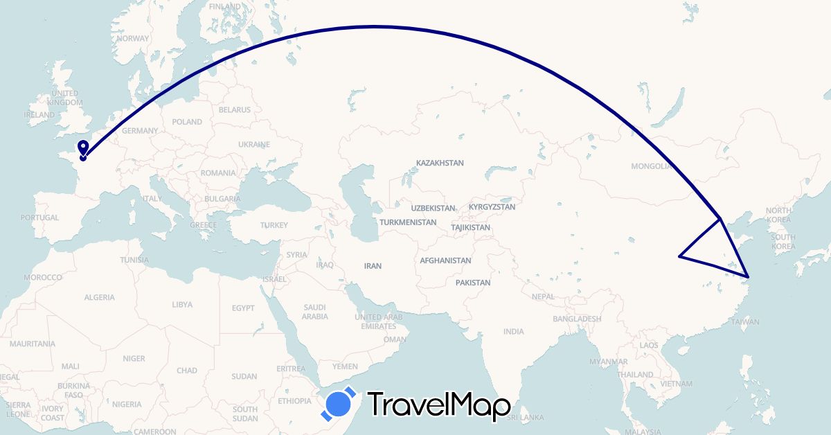 TravelMap itinerary: driving in China, France (Asia, Europe)